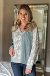 Feeling Frisky Cable Knit Animal Print Sweater : Grey/Ocean Blue