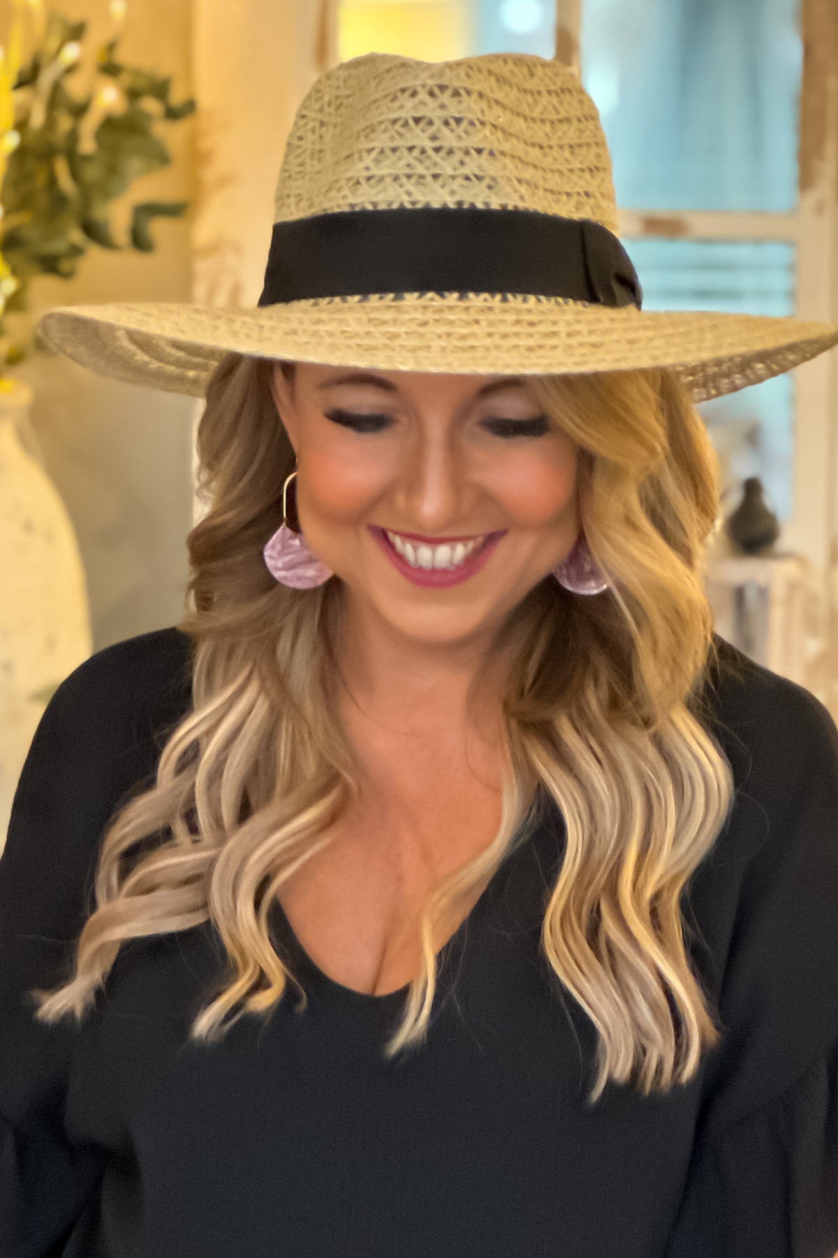 Cancun Dreams Loosely Woven Sun Hat : Natural/Black