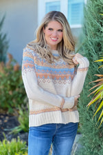 Coffee Date Patterned Yoke Sweater : Oatmeal/Blue/Multi