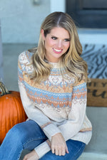 Coffee Date Patterned Yoke Sweater : Oatmeal/Blue/Multi