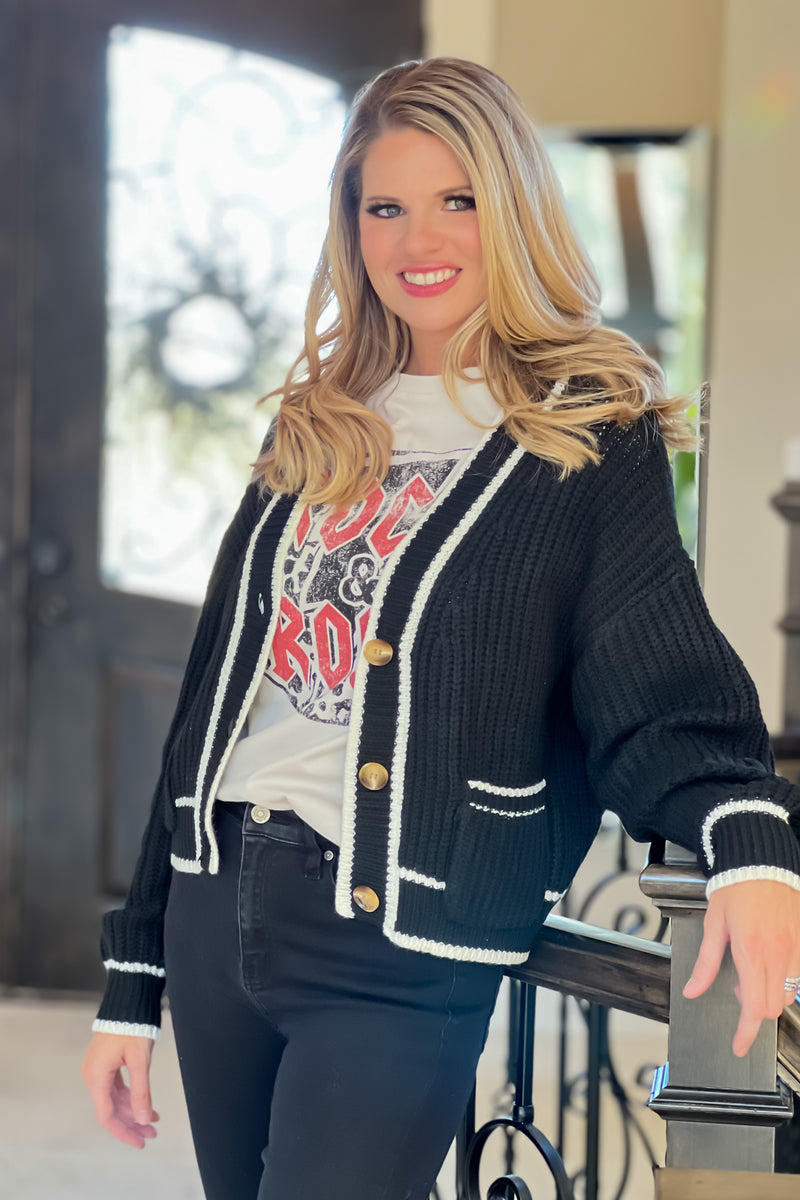 Turn It Up Button Down Cardigan : Black/Ivory