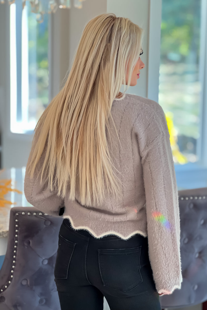 Life Of Luxury Scallop Edge Fluffy Sweater : Dusty Lavender