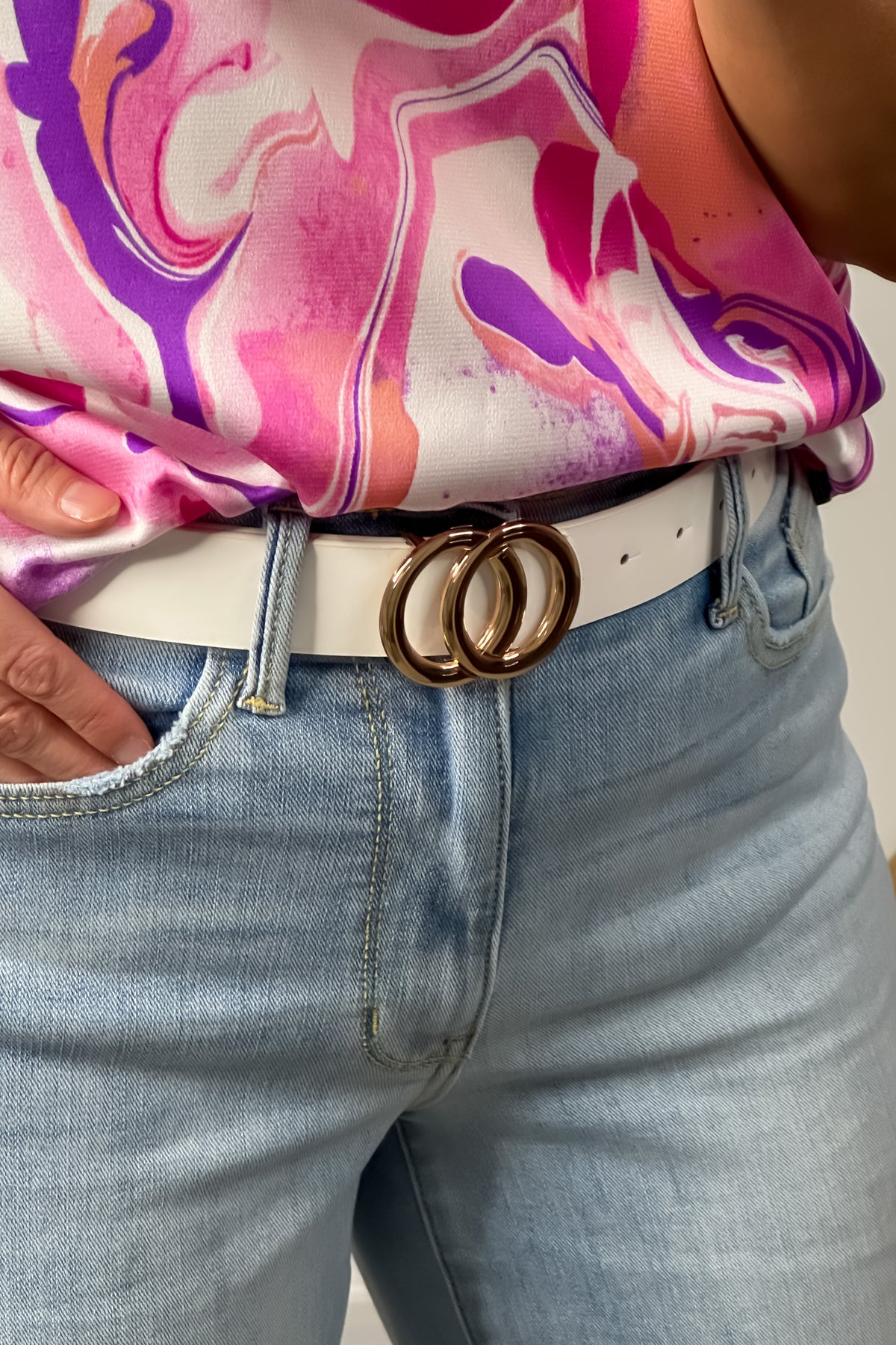 Gracie Faux Leather Double Circle Buckle Belt : White