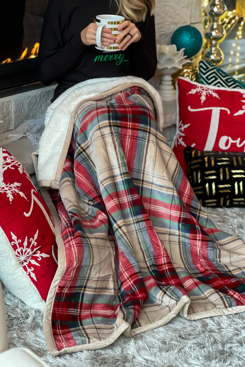 The Lodge Plush Fleece Lined Blanket : Taupe/Red/Green