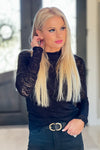 Perfectly Glam Fitted Lace Mock Neck Top : Black