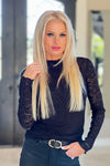 Perfectly Glam Fitted Lace Mock Neck Top : Black