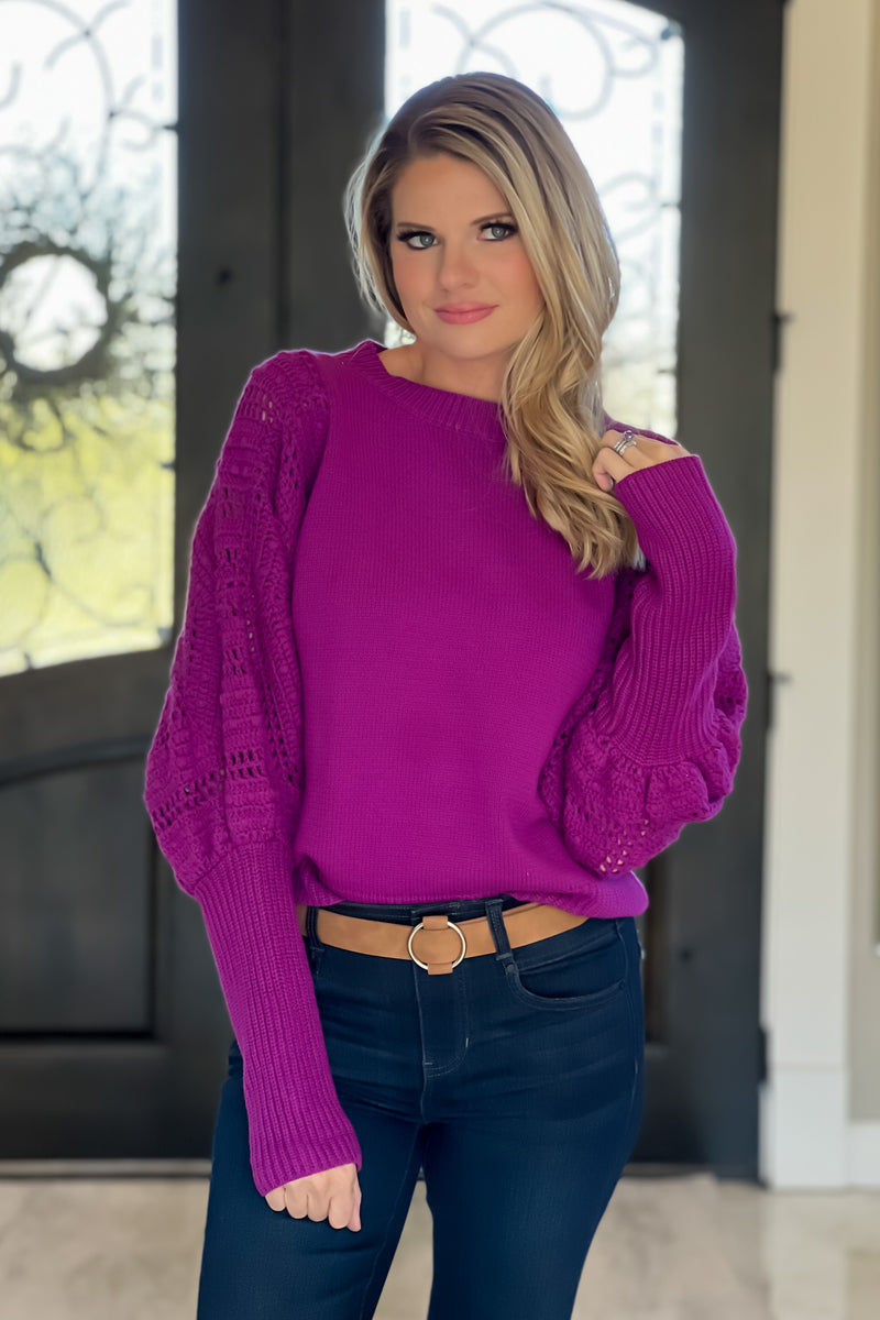 Simply Charmed Knitted Puff Sleeve Sweater : Plum