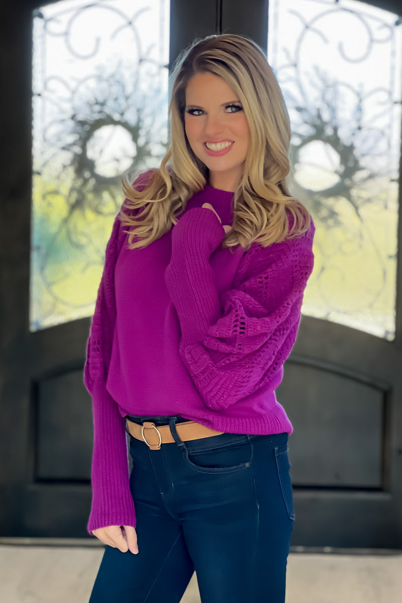 Simply Charmed Knitted Puff Sleeve Sweater : Plum
