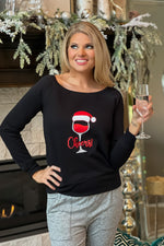 Santa Wine Glass OTS Knit Top : Black