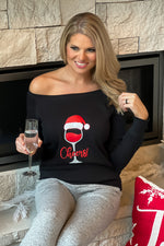 Santa Wine Glass OTS Knit Top : Black