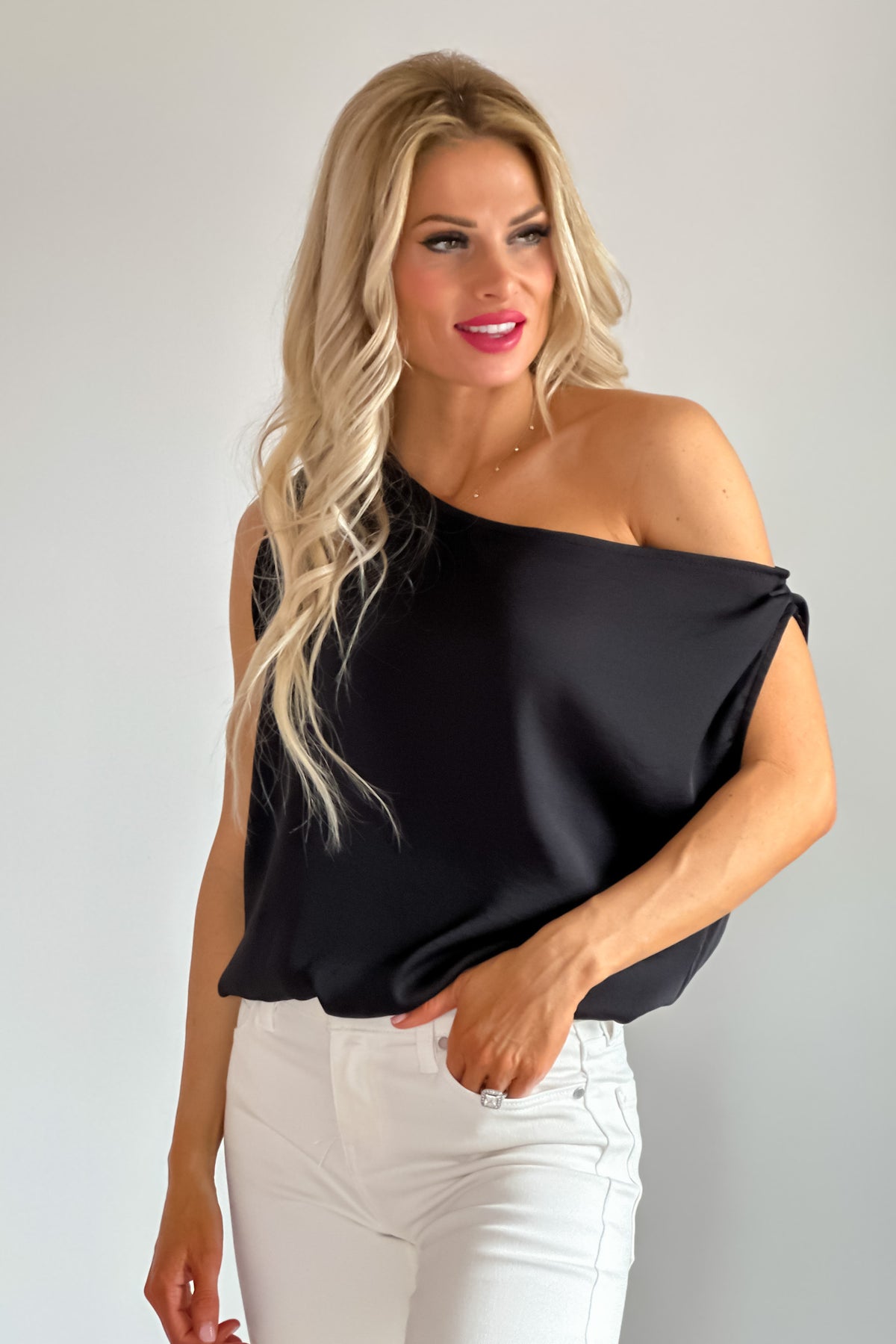 Always Ready Asymmetric Off Shoulder Top : Black