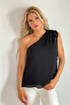 Eyes On Me Crinkle Drawstring One Shoulder Top : Black