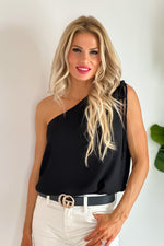 Eyes On Me Crinkle Drawstring One Shoulder Top : Black