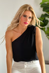 Eyes On Me Crinkle Drawstring One Shoulder Top : Black