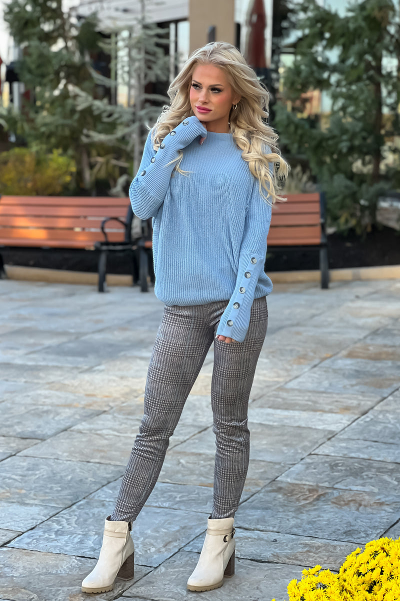 Liverpool Madonna Plaid Faux Suede Skinny Pant : Grey/Blue