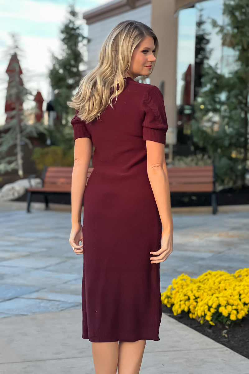 Be Here Now Cable Knit Short Sleeve Sweater Dress : Wine