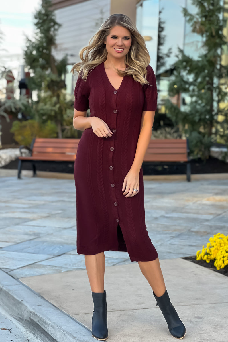 Be Here Now Cable Knit Short Sleeve Sweater Dress : Wine