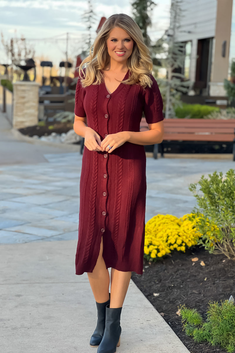 Be Here Now Cable Knit Short Sleeve Sweater Dress : Wine