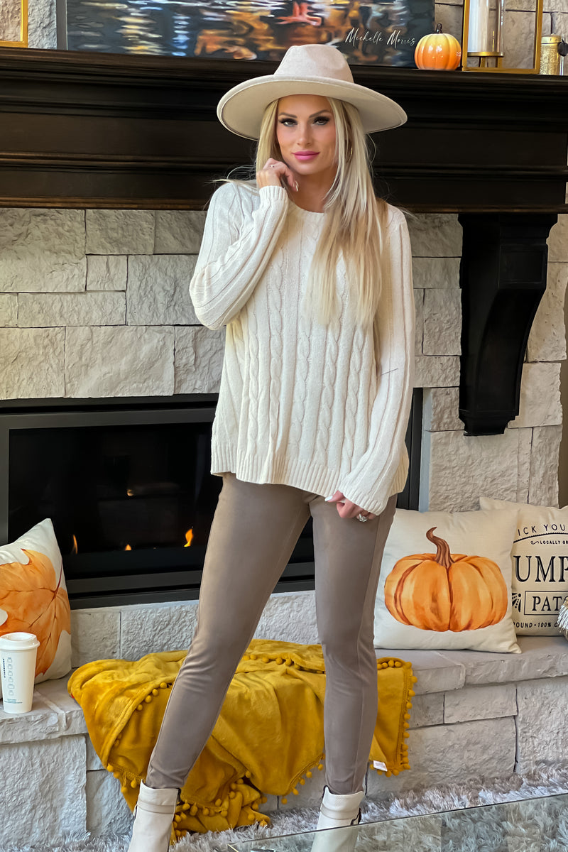 Liverpool Malibu Slit Back Cable Knit Sweater : Sand