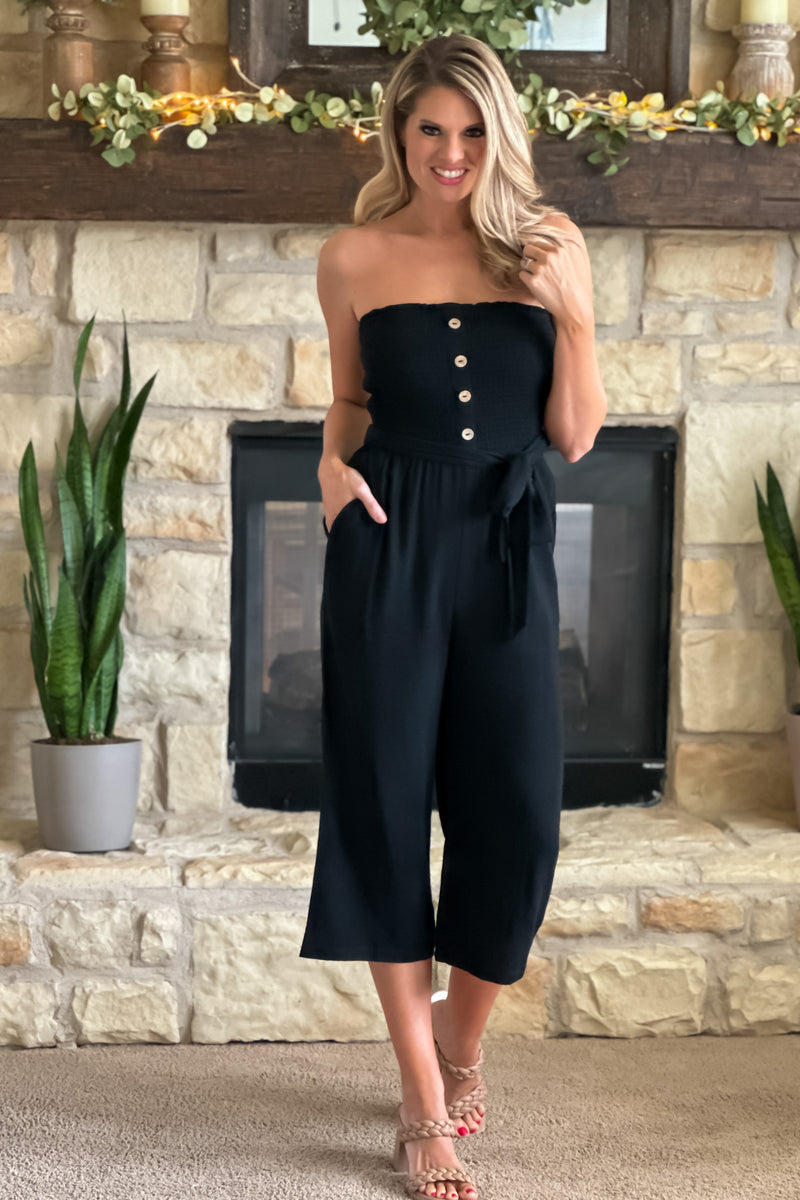 Kept Promises Smocked Tube Cropped Jumpsuit : Black