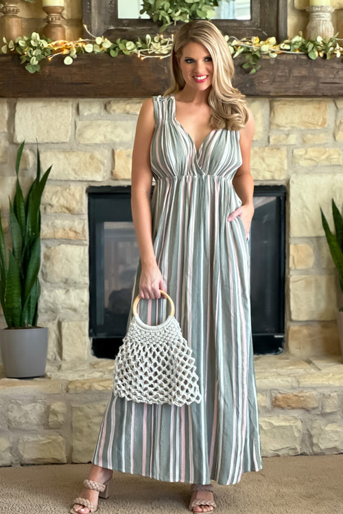 Simply The Best Sleeveless Tie Back Striped Maxi : Grey Green/Pink