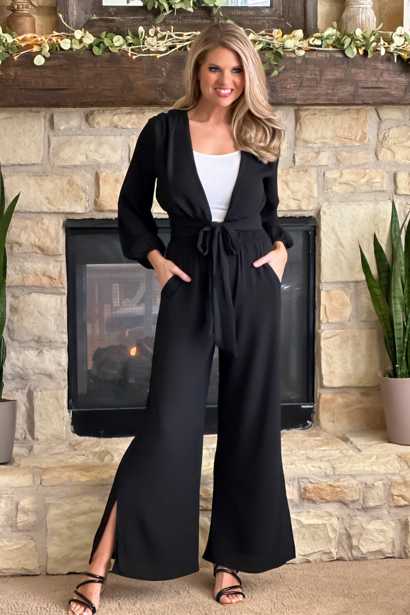 On The Move Tie Front Wrap Top : Black