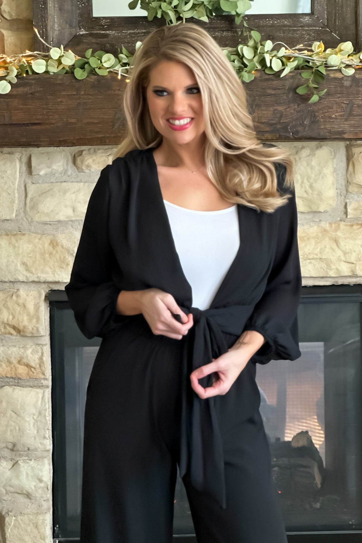 On The Move Tie Front Wrap Top : Black