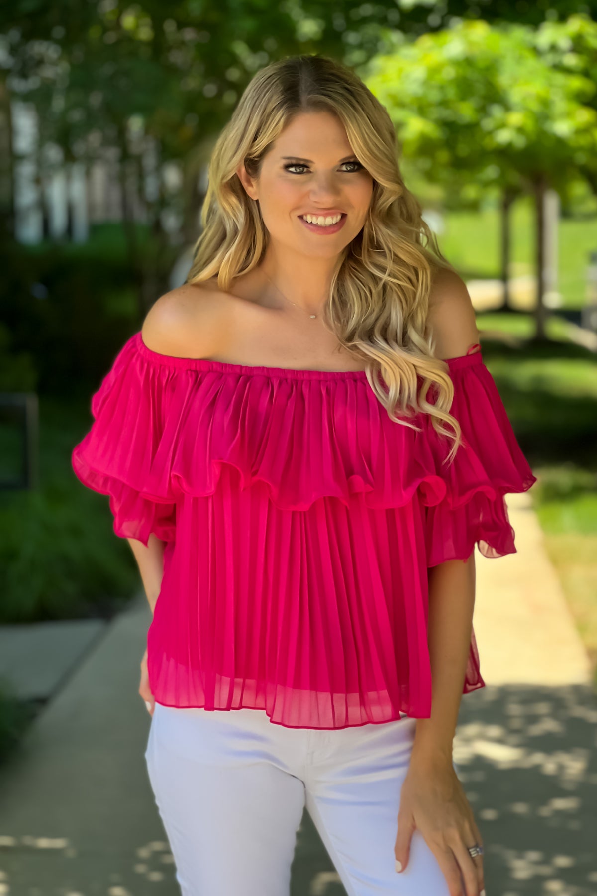 Festive Flare Off Shoulder Pleated Top : Fuschia