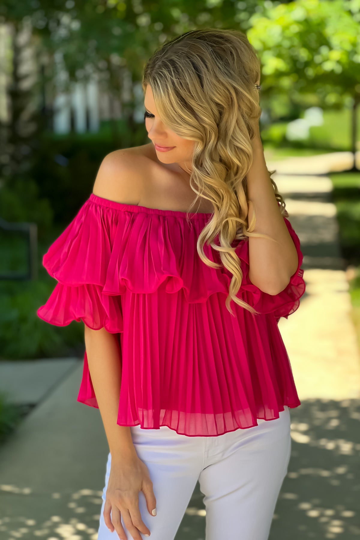 Festive Flare Off Shoulder Pleated Top : Fuschia