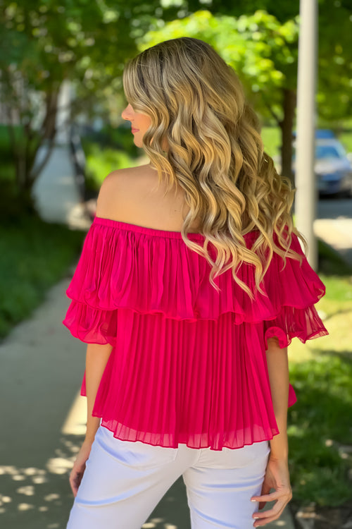 Festive Flare Off Shoulder Pleated Top : Fuschia