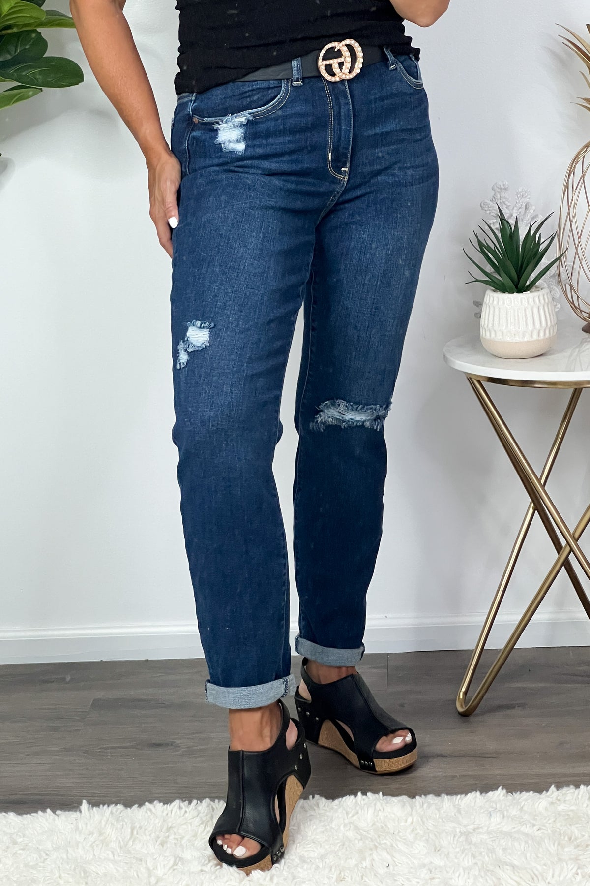 Judy Blue Charlie Hi Waist BF Distressed Jean : Dark Wash