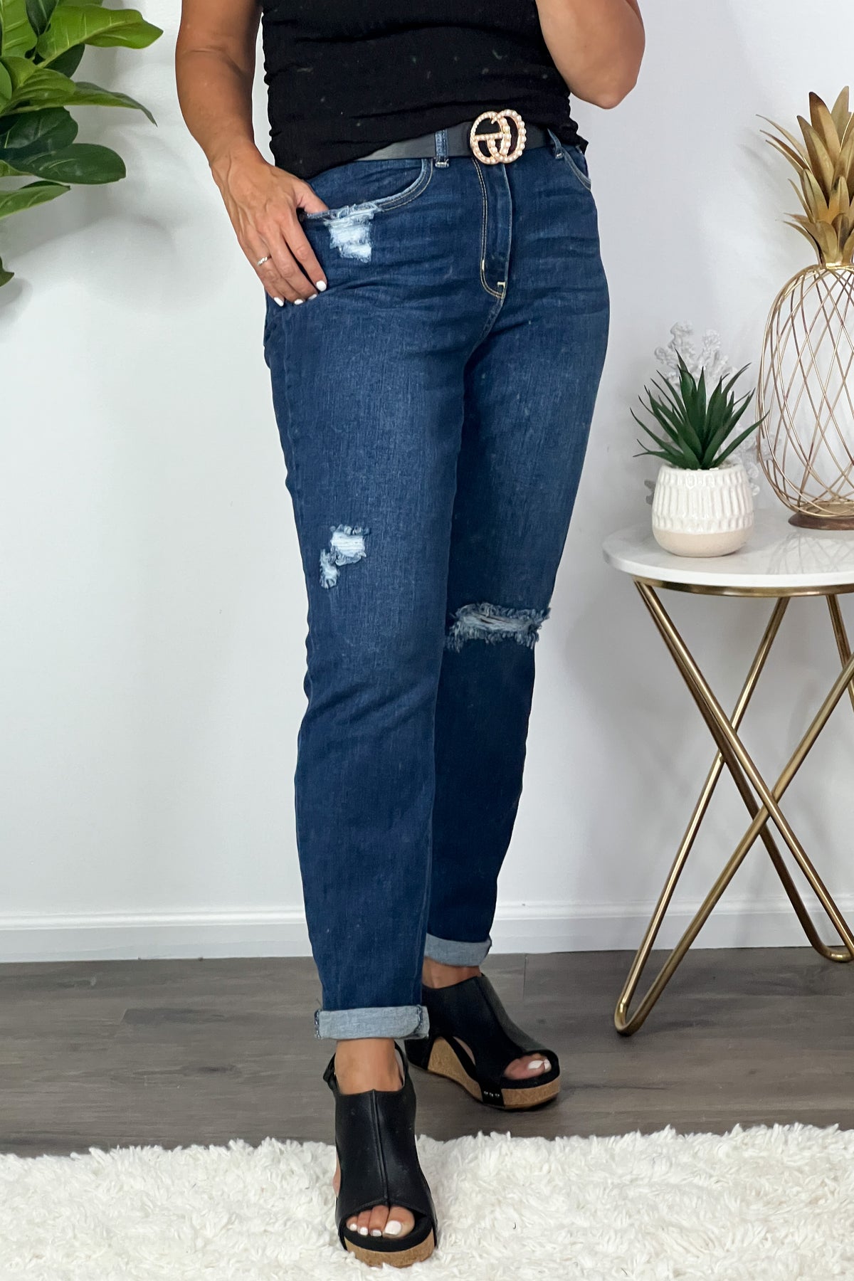 Judy Blue Charlie Hi Waist BF Distressed Jean : Dark Wash
