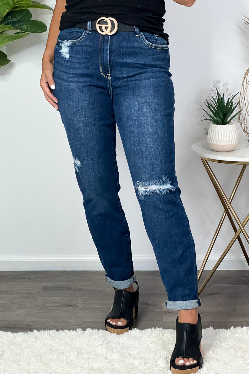 Judy Blue Charlie Hi Waist BF Distressed Jean : Dark Wash
