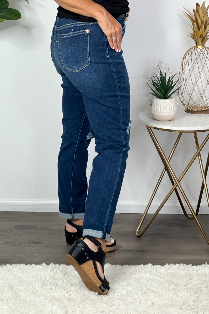 Judy Blue Charlie Hi Waist BF Distressed Jean : Dark Wash