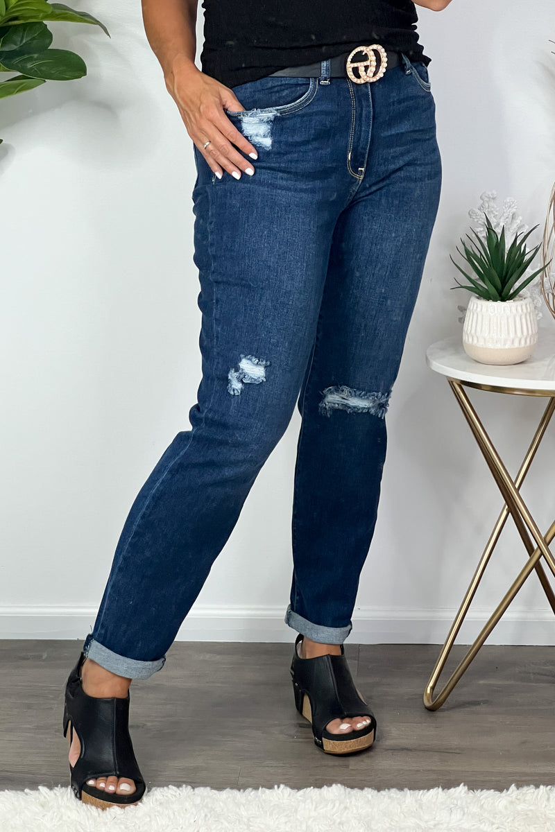 Judy Blue Charlie Hi Waist BF Distressed Jean : Dark Wash