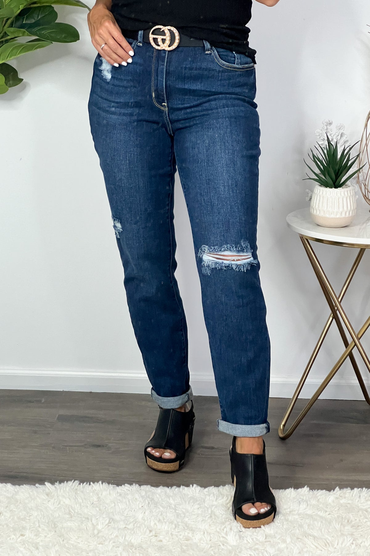 Judy Blue Charlie Hi Waist BF Distressed Jean : Dark Wash