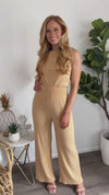 Carefree By The Sea Crinkle Knit Halter Jumpsuit : Light Mustard