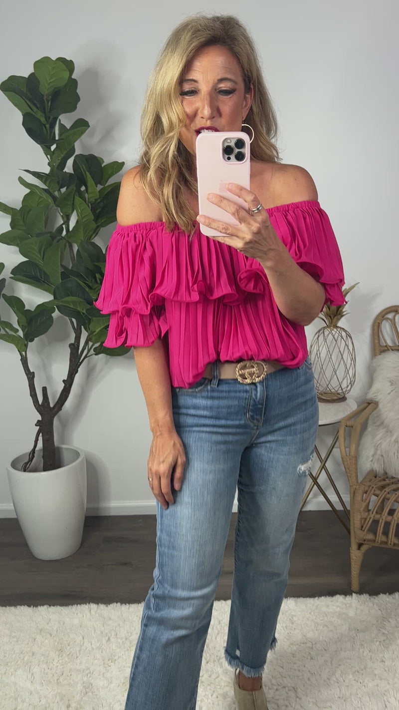 Festive Flare Off Shoulder Pleated Top : Fuschia