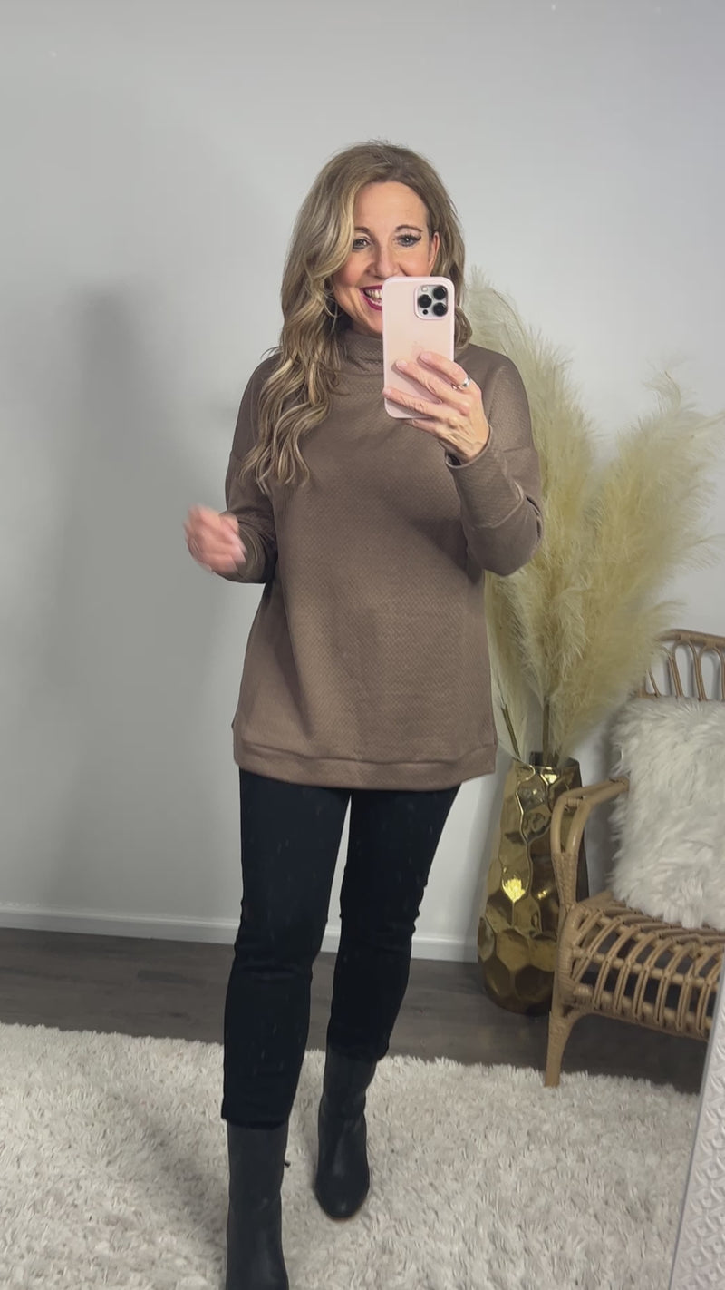 Tribal Funnel Neck Ribbed Knit Tunic : Tan