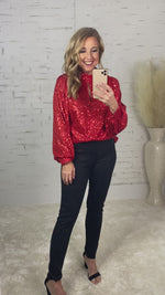 All Dolled Up Mock Neck Keyhole Sequin Blouse : Red