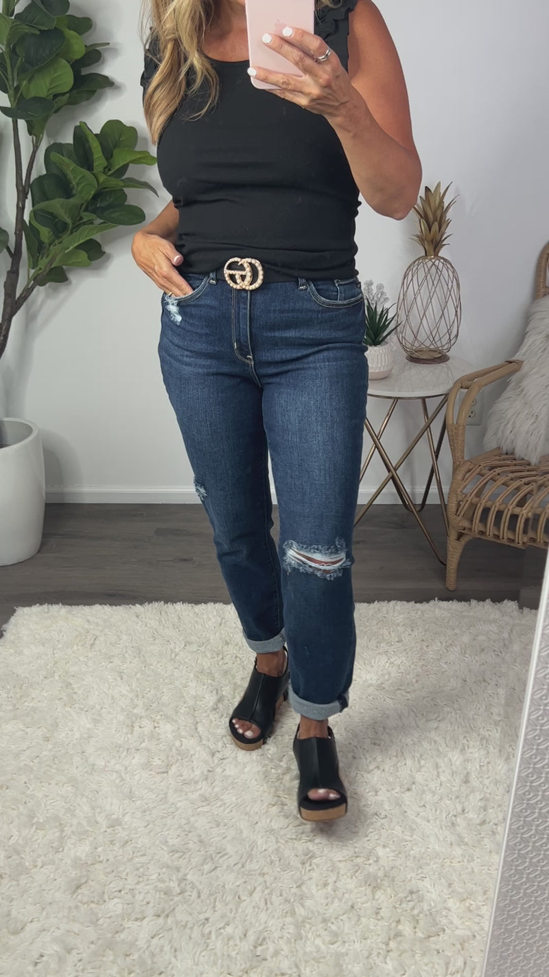 Judy Blue Charlie Hi Waist BF Distressed Jean : Dark Wash