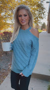 Back To My Roots One Cold Shoulder Cable Knit Sweater : Blue
