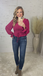 Risk Taker Long Sleeve Ruched Blouse : Wine