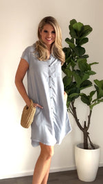 Florida Bound Fray Hem Button Down Shirt Dress : Stone Wash Blue