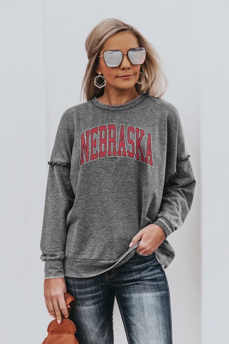 Nebraska Cornhuskers Ruffle Detail Long Sleeve Pullover : Charcoal