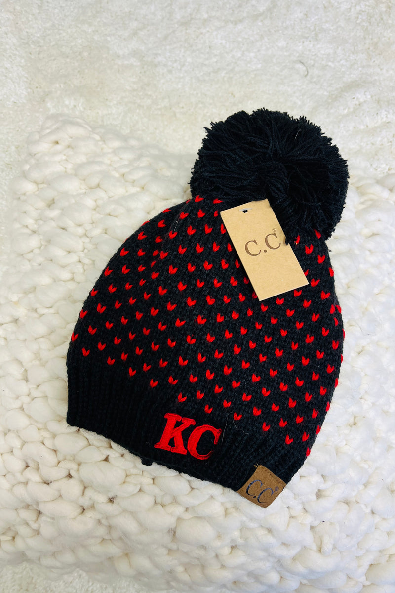 KC Pom C.C. Heart Beanie : Black & Red