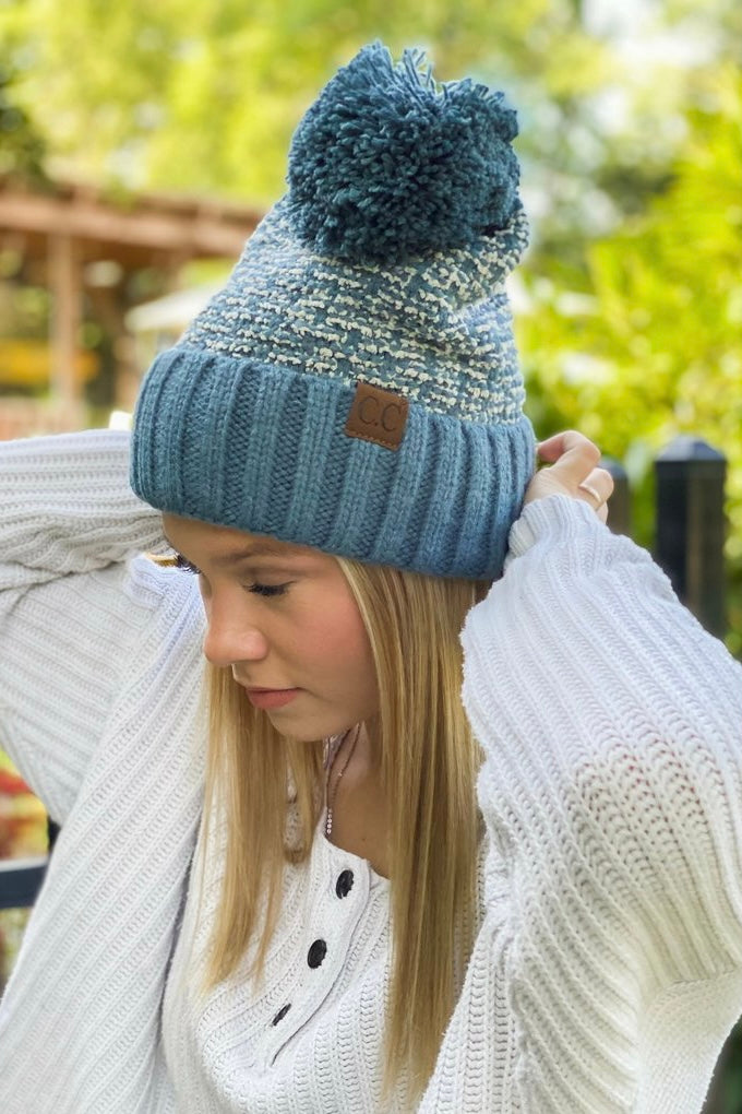 Tweed Knit Pom Beanie : Steel Blue